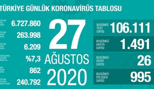 CORONAVİRÜS TABLOSUNDA BUGÜN (27 AĞUSTOS 2020)