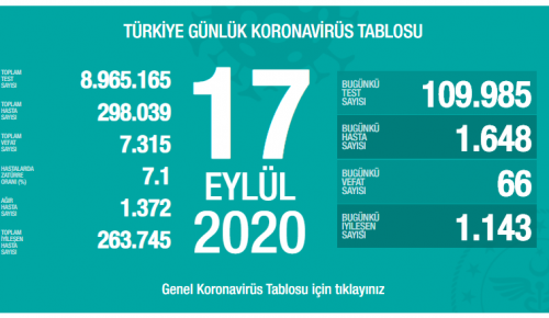 CORONAVİRÜS TABLOSUNDA BUGÜN (17 EYLÜL 2020)